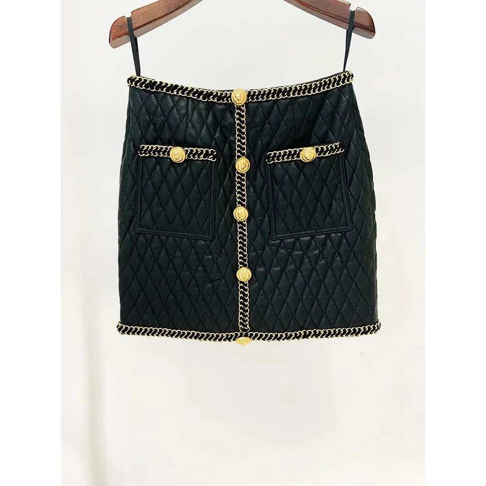 Women's Lion Button Chain Edge Decoration Slim Fit Mini Leather Skirt