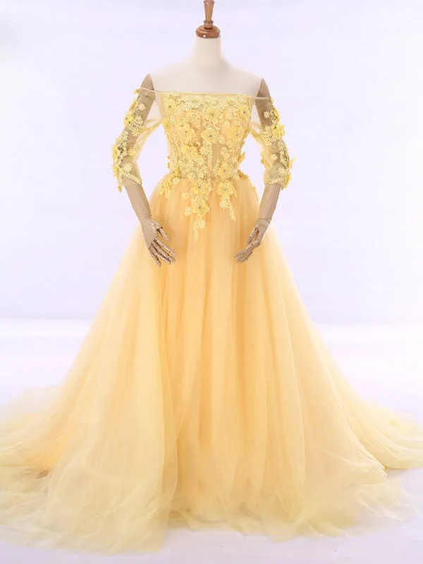 Yellow Off Shoulder Formal Evening Gown with Daisy Flowers RS201610