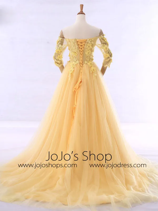 Yellow Off Shoulder Formal Evening Gown with Daisy Flowers RS201610