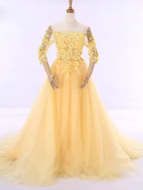 Yellow Off Shoulder Formal Evening Gown with Daisy Flowers RS201610