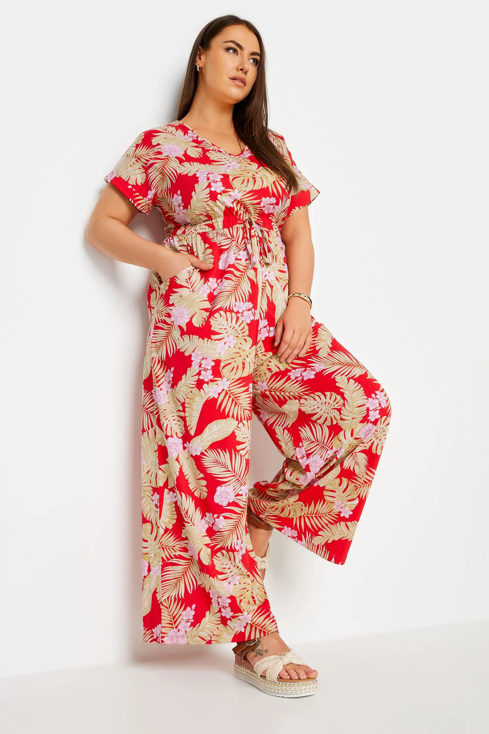 YOURS Curve Red Tropical Print Wide Leg Jumpsuit