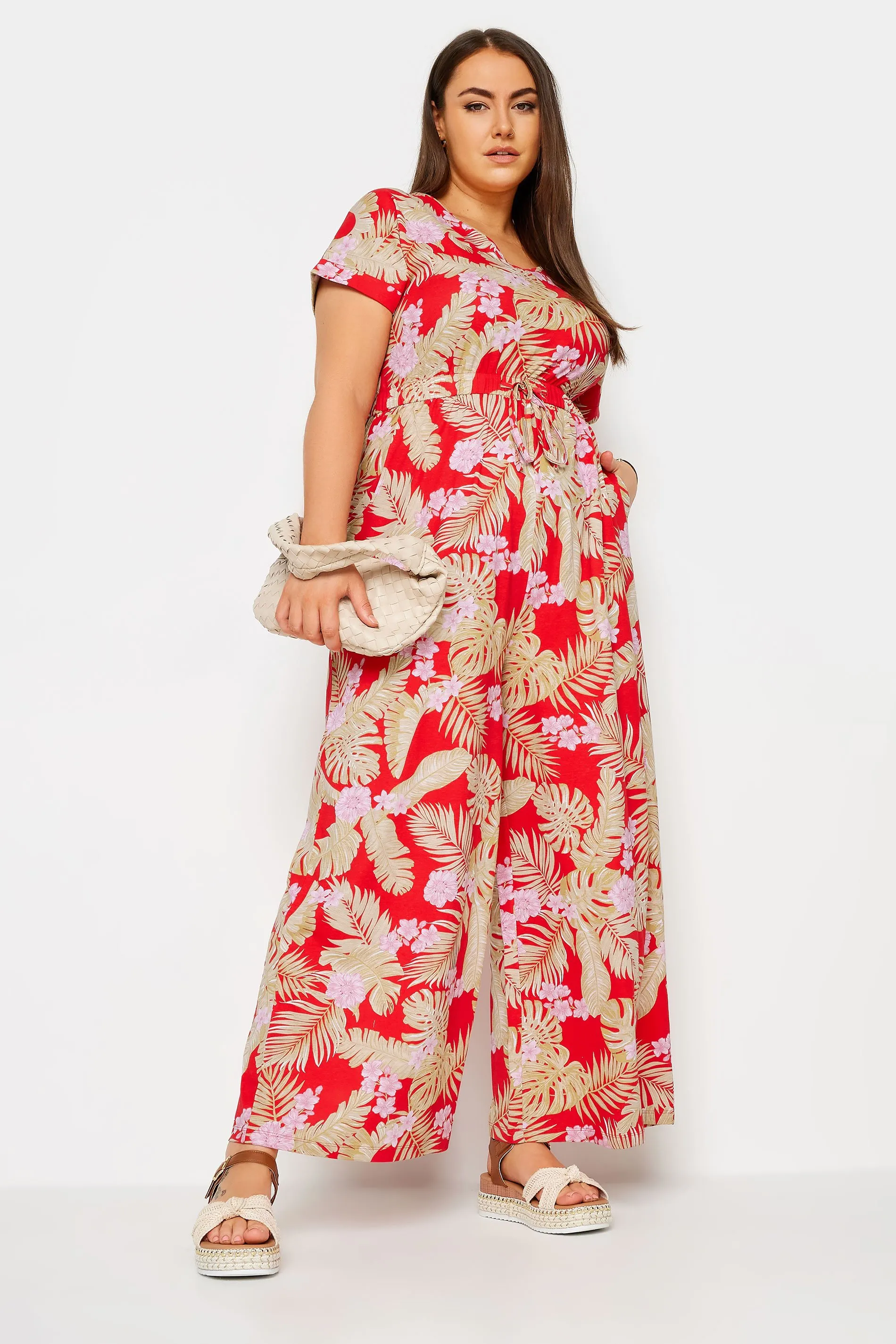 YOURS Curve Red Tropical Print Wide Leg Jumpsuit