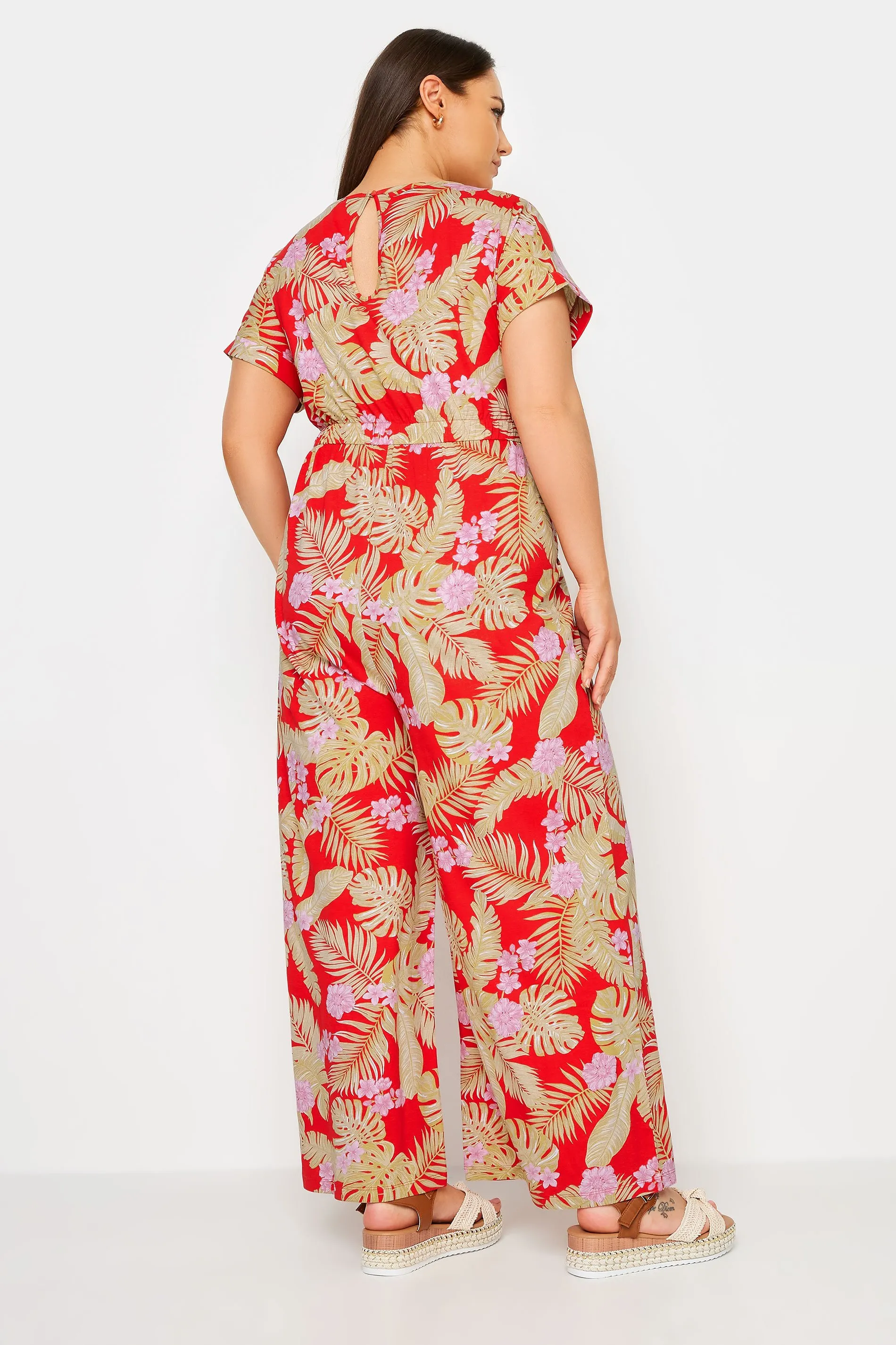 YOURS Curve Red Tropical Print Wide Leg Jumpsuit