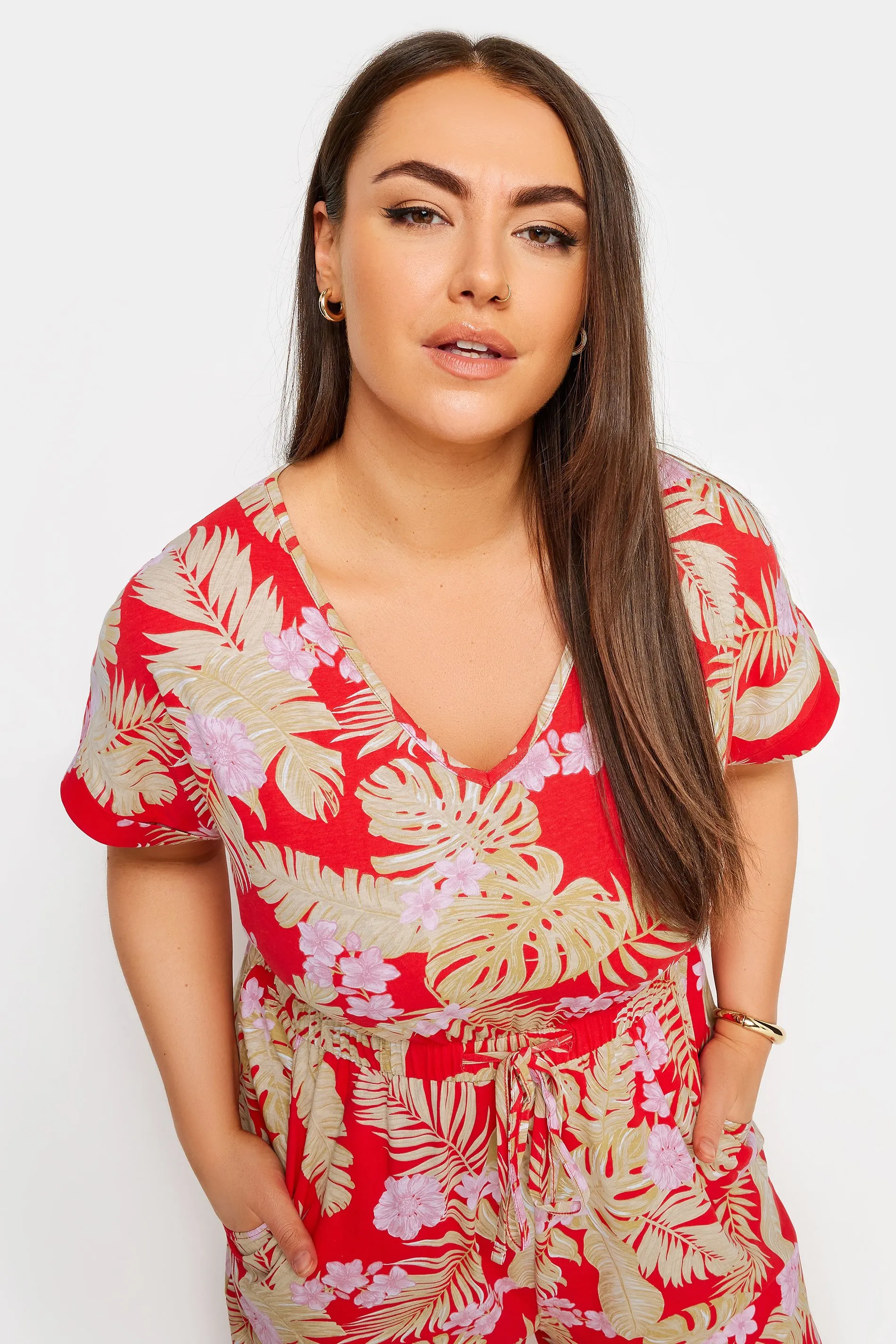 YOURS Curve Red Tropical Print Wide Leg Jumpsuit